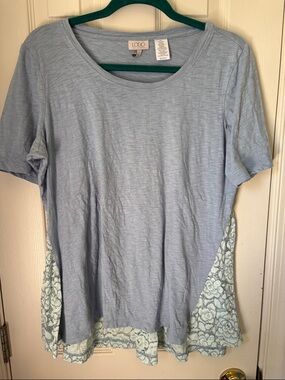 LOGO by Lori Goldstein Light Blue Scoop Neck Short Sleeve Top with Lace Hem